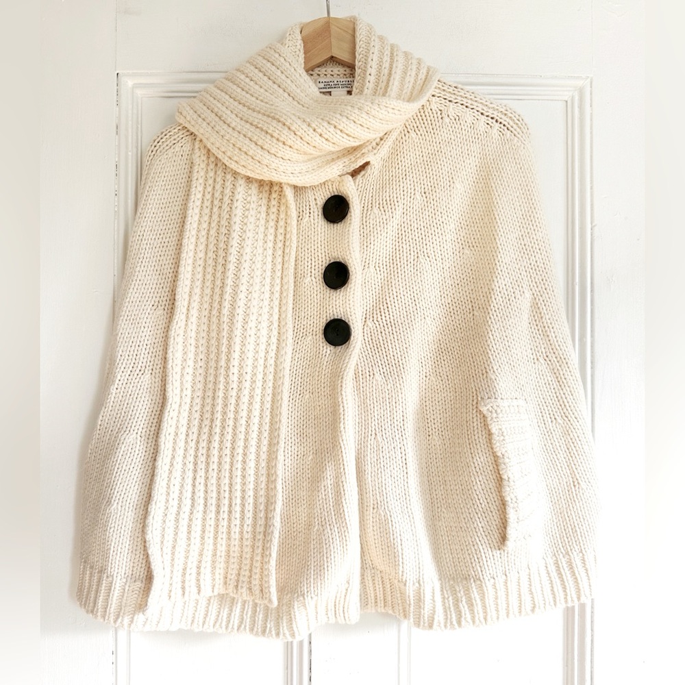 Banana Republic Ivory Knit Button-Front Sweater Cape with Scarf Collar
